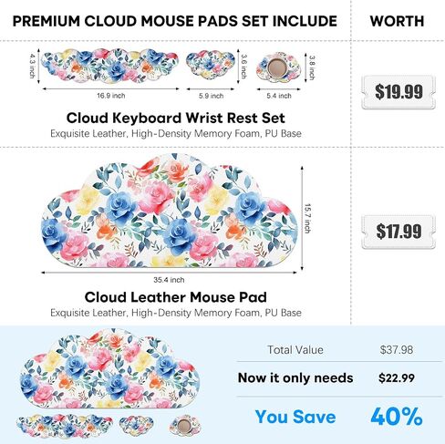 JIKIOU Large Cloud Mouse Pad Waterproof with Cloud Keyboard Wrist Pad and Cloud Mouse Wrist Pad Set, Ergonomic Computer Desk Wrist Support Mousepad for Keyboard and Mouse 35.4x15.7in Rainbow in Saudi Arabia