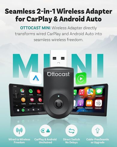 OTTOCAST Mini 2025-2-in-1 Wireless CarPlay/Android Auto Adapter, 5GHz WiFi, Auto Connect for 2016+ Cars in Kuwait