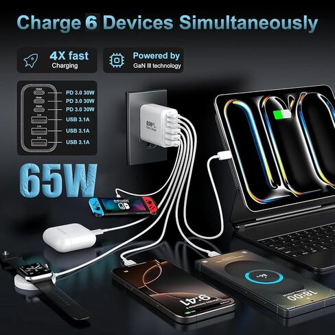 USB C Charger Block, 2-Pack 65W 6-Port USB C Wall Charger iPhone Charger Fast Charging PD Power Adapter+QC Wall Plug Multiport Type C Brick Chargers for iPhone 16 15 14 13 12 11 Pro Max XS,Samsung in Saudi Arabia