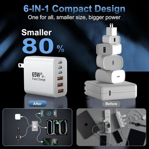 USB C Charger Block, 2-Pack 65W 6-Port USB C Wall Charger iPhone Charger Fast Charging PD Power Adapter+QC Wall Plug Multiport Type C Brick Chargers for iPhone 16 15 14 13 12 11 Pro Max XS,Samsung in Saudi Arabia