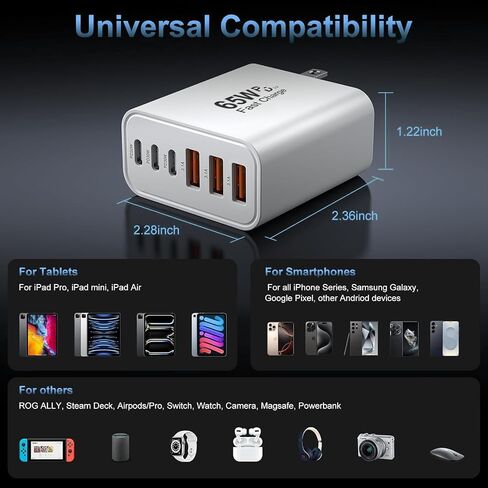 USB C Charger Block, 2-Pack 65W 6-Port USB C Wall Charger iPhone Charger Fast Charging PD Power Adapter+QC Wall Plug Multiport Type C Brick Chargers for iPhone 16 15 14 13 12 11 Pro Max XS,Samsung in Saudi Arabia