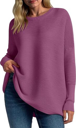 ANRABESS Women’s 2023 Fall Long Batwing Sleeve Drop Shoulder Crewneck Casual Ribbed Knit Sweaters Pullover with Split in Saudi Arabia