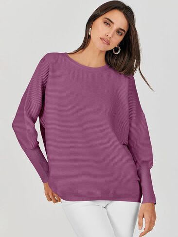 ANRABESS Women’s 2023 Fall Long Batwing Sleeve Drop Shoulder Crewneck Casual Ribbed Knit Sweaters Pullover with Split in Saudi Arabia