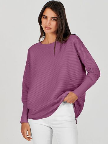 ANRABESS Women’s 2023 Fall Long Batwing Sleeve Drop Shoulder Crewneck Casual Ribbed Knit Sweaters Pullover with Split in Saudi Arabia