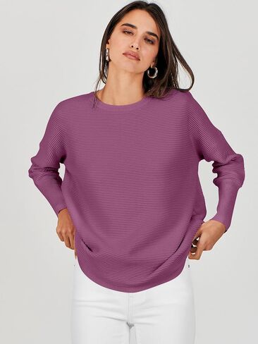 ANRABESS Women’s 2023 Fall Long Batwing Sleeve Drop Shoulder Crewneck Casual Ribbed Knit Sweaters Pullover with Split in Saudi Arabia