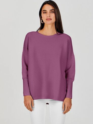 ANRABESS Women’s 2023 Fall Long Batwing Sleeve Drop Shoulder Crewneck Casual Ribbed Knit Sweaters Pullover with Split in Saudi Arabia