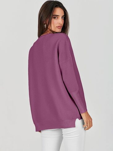ANRABESS Women’s 2023 Fall Long Batwing Sleeve Drop Shoulder Crewneck Casual Ribbed Knit Sweaters Pullover with Split in Saudi Arabia