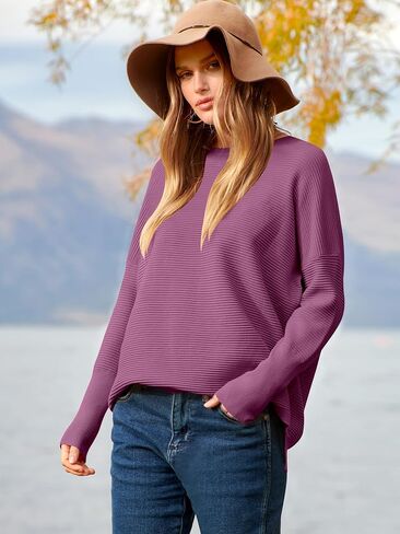 ANRABESS Women’s 2023 Fall Long Batwing Sleeve Drop Shoulder Crewneck Casual Ribbed Knit Sweaters Pullover with Split in Saudi Arabia