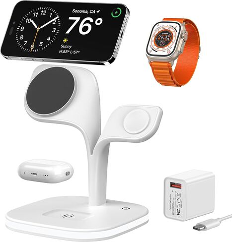 EXW for Magsafe Charger Stand,Charging Station for Multiple Devices,Wireless Charger for iPhone 16/15/14/13/12 Series,Apple Watch Series 1-9/Ultra,AirPods Pro with LED and Adapter (White) in Kuwait