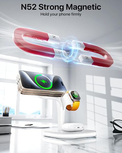 EXW for Magsafe Charger Stand,Charging Station for Multiple Devices,Wireless Charger for iPhone 16/15/14/13/12 Series,Apple Watch Series 1-9/Ultra,AirPods Pro with LED and Adapter (White) in Kuwait
