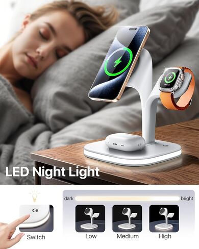 EXW for Magsafe Charger Stand,Charging Station for Multiple Devices,Wireless Charger for iPhone 16/15/14/13/12 Series,Apple Watch Series 1-9/Ultra,AirPods Pro with LED and Adapter (White) in Kuwait