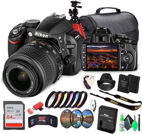 مجموعة كاميرا Nikon D3100 DSLR مع عدسة VR 18-55 مم-صديقة للمبتدئين ومضغوطين (25472) + حقيبة كاميرا + 64 جيجابايت بطاقة ذاكرة + ترايبود مرنة + مجموعة تنظيف + حزام يدوي + محفظة + المزيد in Saudi Arabia
