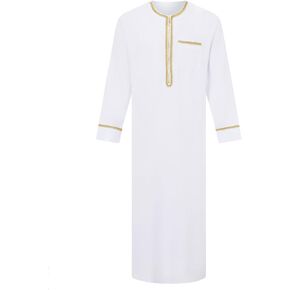 FIOMVA Men's Muslim Dresses Long Sleeve Striped Henley Shirts Kaftan Muslim Long Gown Thobe Robe for Men in Kuwait