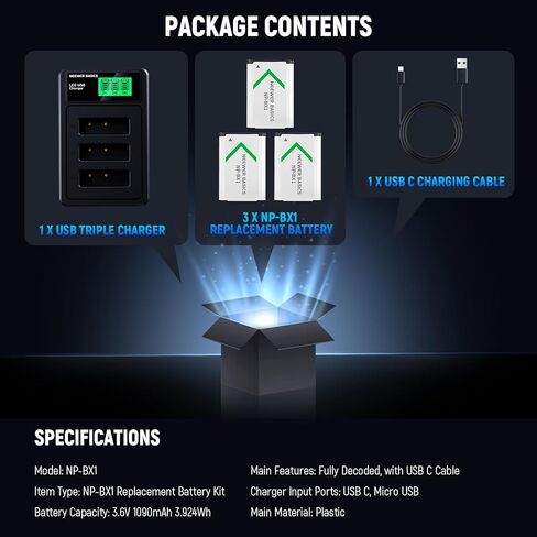 NEEWER Basics 3Pcs NP-BX1 Replacement Batteries with USB Triple Charger, 1090mAh Camera Backup Power Supply Compatible with Sony ZV1 ZV-1 II Cybershot RX100 RX100II RX100M II HDR-AS15 HDR-AS30 in Saudi Arabia