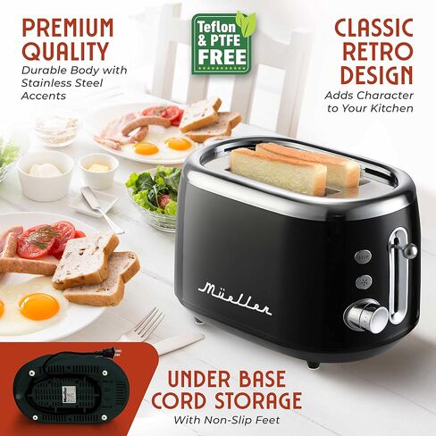 MUELLER HOME Retro Toaster 2 Slice, 7 Browning Levels | 3 Functions (Reheat, Defrost, Cancel), Stainless Steel Features, Removable Crumb Tray, Under Base Cord Storage, Turquoise in Saudi Arabia