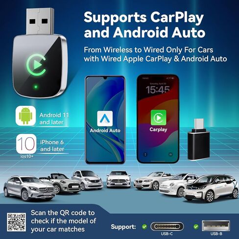محول CarPlay Mini اللاسلكي لـ iPhone ، 2 في 1 لمحول Apple Carplay و Android Auto ، قم بتحويل سلكية إلى اللاسلكي ، والتوصيل والتشغيل ، و USB إلى USB-C/Type-C ، والتحكم المستقر ولا يوجد تأخير ، أسود ، أسود in Kuwait