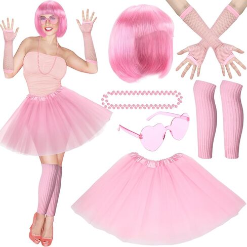 80s Women Costume Accessories Set 6 Pcs Neon Tutu Bob Wig Leg Warmers Fishnet Gloves Necklace Sunglasses for 80s Party in Saudi Arabia