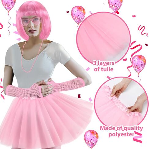 80s Women Costume Accessories Set 6 Pcs Neon Tutu Bob Wig Leg Warmers Fishnet Gloves Necklace Sunglasses for 80s Party in Saudi Arabia