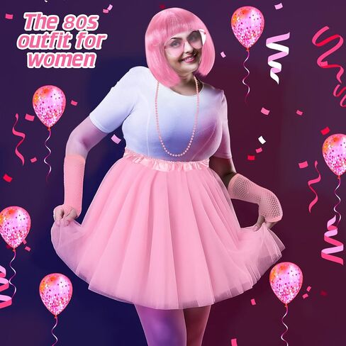 80s Women Costume Accessories Set 6 Pcs Neon Tutu Bob Wig Leg Warmers Fishnet Gloves Necklace Sunglasses for 80s Party in Saudi Arabia