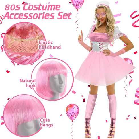 80s Women Costume Accessories Set 6 Pcs Neon Tutu Bob Wig Leg Warmers Fishnet Gloves Necklace Sunglasses for 80s Party in Saudi Arabia
