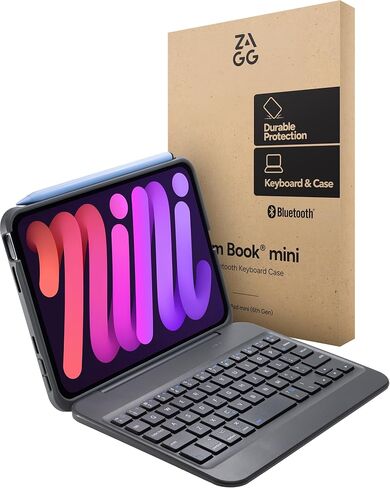Zagg Slim Book Mini iPad Mini (A17 Pro)/ (Gen 6) حالة لوحة المفاتيح - لوحة مفاتيح قابلة للفصل بلوتوث ومستعصلات وقائية ، ضئيلة ، مضغوطة ، مفصلات مغناطيسية ، زوايا مشاهدة متعددة ، كتابة مريحة in Saudi Arabia