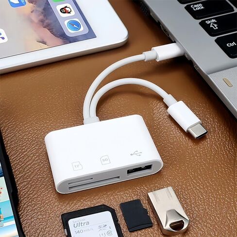 SD Card Reader for iPhone ipad Accessories, Lightning to USB-C Adapter with Dual Slots & USB Port, Memory Cards for Cameras Digital Reader to Mac MacBook Pro/Air/Mini Android Laptop, White in Saudi Arabia
