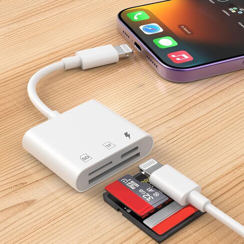 SD Card Reader Compatible with iPhone 14/13/12/11/XS/XR/X/8, Dual Card Slot Micro SD/SD Memory Card Reader Adapter with Charging Port, Trail Game Camera Viewer, Plug and Play in Saudi Arabia
