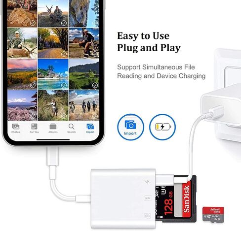 SD Card Reader Compatible with iPhone 14/13/12/11/XS/XR/X/8, Dual Card Slot Micro SD/SD Memory Card Reader Adapter with Charging Port, Trail Game Camera Viewer, Plug and Play in Saudi Arabia