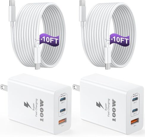 USB C Charger Block 100W ، 3-Port Gan Super Fast Charger ، محول شاحن الجدار من النوع C مع كبل شحن USB C 10 أقدام لـ MacBook Pro/Air و iPad Pro و iPhone 16/15Pro و S25/S24/S23 والمزيد [2 Pack] in Kuwait