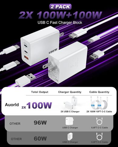 USB C Charger Block 100W ، 3-Port Gan Super Fast Charger ، محول شاحن الجدار من النوع C مع كبل شحن USB C 10 أقدام لـ MacBook Pro/Air و iPad Pro و iPhone 16/15Pro و S25/S24/S23 والمزيد [2 Pack] in Kuwait