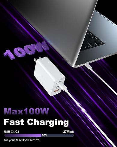 USB C Charger Block 100W ، 3-Port Gan Super Fast Charger ، محول شاحن الجدار من النوع C مع كبل شحن USB C 10 أقدام لـ MacBook Pro/Air و iPad Pro و iPhone 16/15Pro و S25/S24/S23 والمزيد [2 Pack] in Kuwait