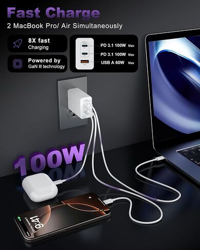 USB C Charger Block 100W ، 3-Port Gan Super Fast Charger ، محول شاحن الجدار من النوع C مع كبل شحن USB C 10 أقدام لـ MacBook Pro/Air و iPad Pro و iPhone 16/15Pro و S25/S24/S23 والمزيد [2 Pack] in Kuwait