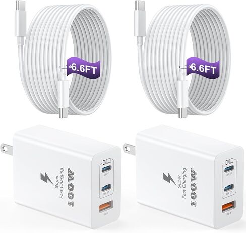 USB C Charger Block 100W ، 3-Port Gan Super Fast Charger ، محول شاحن الجدار من النوع C مع كبل شحن USB C 10 أقدام لـ MacBook Pro/Air و iPad Pro و iPhone 16/15Pro و S25/S24/S23 والمزيد [2 Pack] in Kuwait