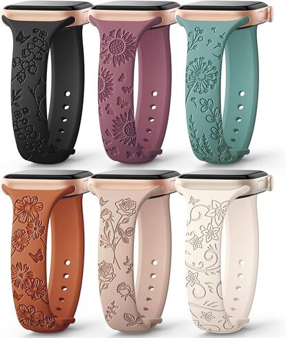 AMSKY 6 Pack Slim Floral Engraved Bands Compatible with Apple Watch Band 40mm 41mm 42mm 38mm 44mm 45mm 46mm 49mm for Women,Cute Silicone Sport Strap for iWatch Series 10 Ultra 9 8 7 6 5 4 3 2 1 SE in Kuwait