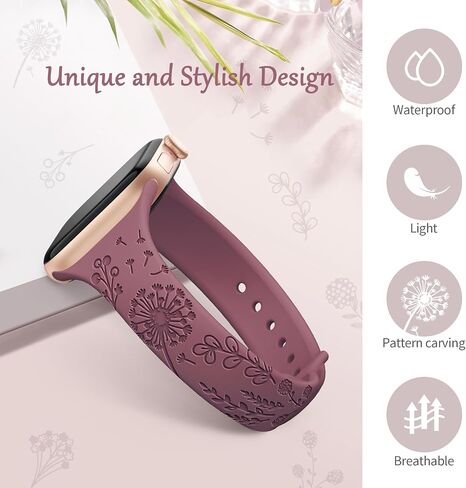 AMSKY 6 Pack Slim Floral Engraved Bands Compatible with Apple Watch Band 40mm 41mm 42mm 38mm 44mm 45mm 46mm 49mm for Women,Cute Silicone Sport Strap for iWatch Series 10 Ultra 9 8 7 6 5 4 3 2 1 SE in Kuwait