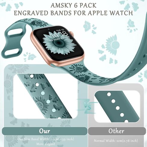 AMSKY 6 Pack Slim Floral Engraved Bands Compatible with Apple Watch Band 40mm 41mm 42mm 38mm 44mm 45mm 46mm 49mm for Women,Cute Silicone Sport Strap for iWatch Series 10 Ultra 9 8 7 6 5 4 3 2 1 SE in Kuwait