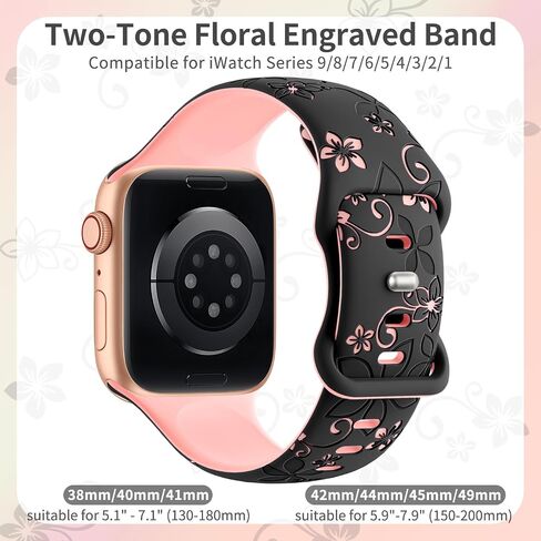 نطاقات محفورة الأزهار متوافقة مع Apple Watch Band 41mm 40mm 44mm 45mm 42mm 38mm 46mm 49mm للنساء ، حزام Sport Sport Soft Flower Flower لطيف لـ IWatch Series SE 10 9 8 7 5 4 3 2 1 in Kuwait