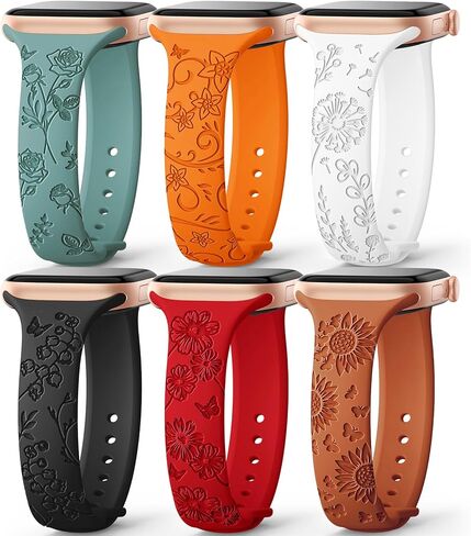 AMSKY 6 Pack Slim Floral Engraved Bands Compatible with Apple Watch Band 40mm 41mm 42mm 38mm 44mm 45mm 46mm 49mm for Women,Cute Silicone Sport Strap for iWatch Series 10 Ultra 9 8 7 6 5 4 3 2 1 SE in Kuwait