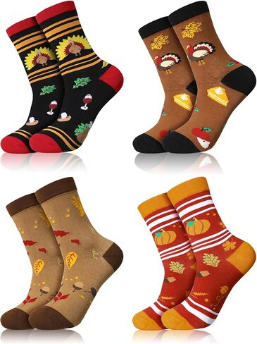 SATINIOR 4 Pairs Autumn Socks Colorful Novelty Socks Thanksgiving Holiday Sock Fall Leaves Pumpkin Pattern Sock for Women Girls, Multicolor, One Size in Kuwait