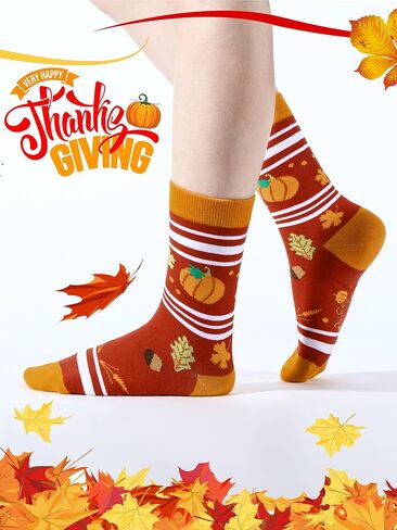 SATINIOR 4 Pairs Autumn Socks Colorful Novelty Socks Thanksgiving Holiday Sock Fall Leaves Pumpkin Pattern Sock for Women Girls, Multicolor, One Size in Kuwait