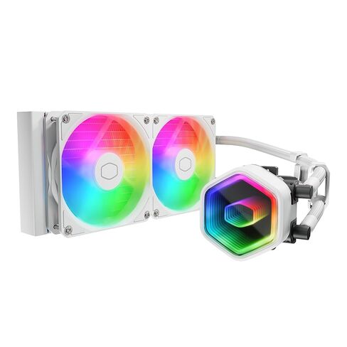 Cooler Master 240 Core II White AIO CPU CAPU COWNER ، R9 | U7 | I7 ، Dual Chamber G9R PUMP ، Infinity Mirror Argb ، 400 مم أنابيب ، رادياتير 240 مم ، مروحة PWM 120 مم ، AMD RYZEN AM5 | 4 ، Intel LGA 1851 | 1700 منصة in Kuwait