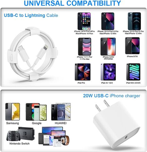 USB C Charger iPhone Charger Fast Charging 3Pack 20W Type C Clost Cloch Wall Charger مع 6 قدمًا من كبل الشاحن USB C المتوافق مع iPhone 14Pro/13 Pro/12/12 PRO MAX/11/XS MAX/XS/XR/X/8 in Kuwait