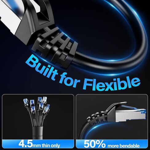 كابل Ethernet CAT6A محمي 10 جيجابت في الثانية 50 قدمًا ، كابل كابل Ethernet Cable محمي (F/UTP) ، كابل CAT6 مرن 28AWG CAT6 ، كابل شبكة 6A لتوفير الفضاء للخادم ، مركز البيانات ، الأسود in Kuwait