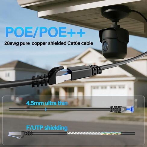 كابل Ethernet CAT6A محمي 10 جيجابت في الثانية 50 قدمًا ، كابل كابل Ethernet Cable محمي (F/UTP) ، كابل CAT6 مرن 28AWG CAT6 ، كابل شبكة 6A لتوفير الفضاء للخادم ، مركز البيانات ، الأسود in Kuwait