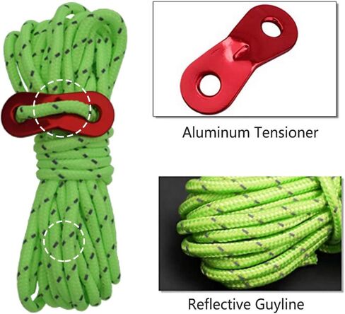 6 حزمة عاكس Guyline Tent Rope مع ضابط الألومنيوم ، مجموعة خيمة لخيمة التخييم وملحقات المشي لمسافات طويلة - 4 ملم سميكة وطول 4 أمتار in Kuwait