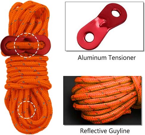 6 حزمة عاكس Guyline Tent Rope مع ضابط الألومنيوم ، مجموعة خيمة لخيمة التخييم وملحقات المشي لمسافات طويلة - 4 ملم سميكة وطول 4 أمتار in Kuwait