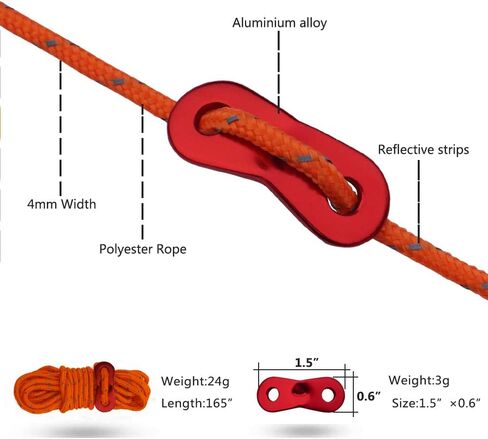 6 حزمة عاكس Guyline Tent Rope مع ضابط الألومنيوم ، مجموعة خيمة لخيمة التخييم وملحقات المشي لمسافات طويلة - 4 ملم سميكة وطول 4 أمتار in Kuwait