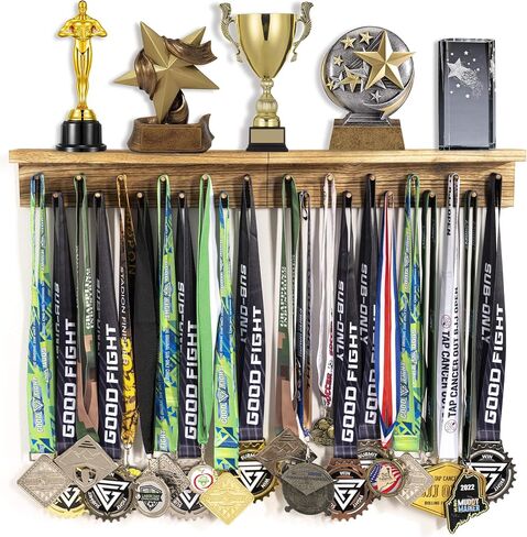 Medal Hanger Display - 22 Pegs, 2.5 ft., Wooden Display Shelf, Easy Installation, Wall Mount with Stud Anchors, Grooved Shelf for Trophy and Medals, Natural Wood Color in Saudi Arabia