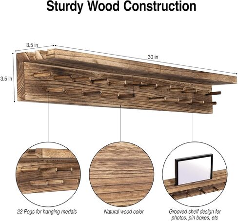 Medal Hanger Display - 22 Pegs, 2.5 ft., Wooden Display Shelf, Easy Installation, Wall Mount with Stud Anchors, Grooved Shelf for Trophy and Medals, Natural Wood Color in Saudi Arabia