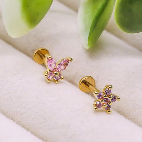 VERAMI 16G Surgical Steel Pushin Lip Rings Butterfly Flower Bee Nose Stud Rings Top Push in Threadless Flat Back Nose Rings Studs Cartilage Earrings for Womens in Kuwait